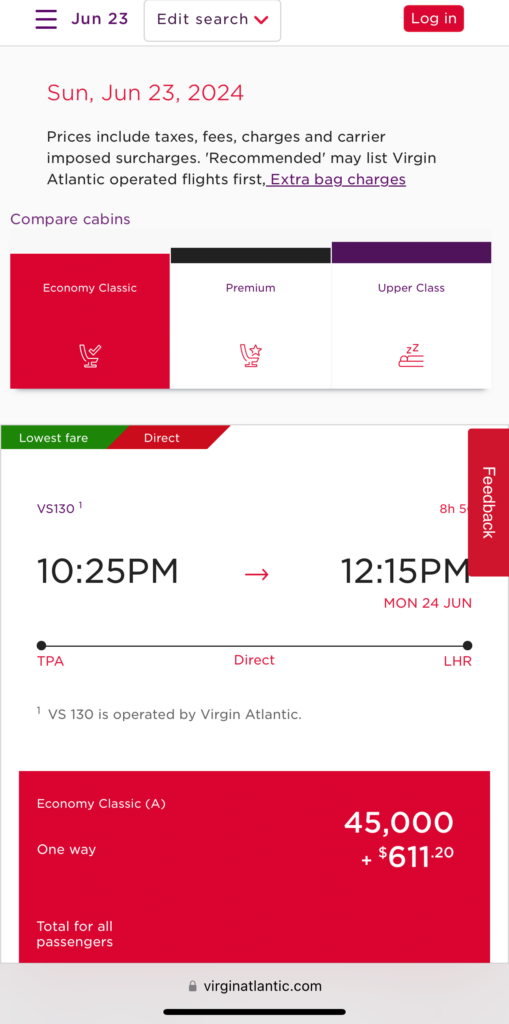 a screenshot of a flight schedule