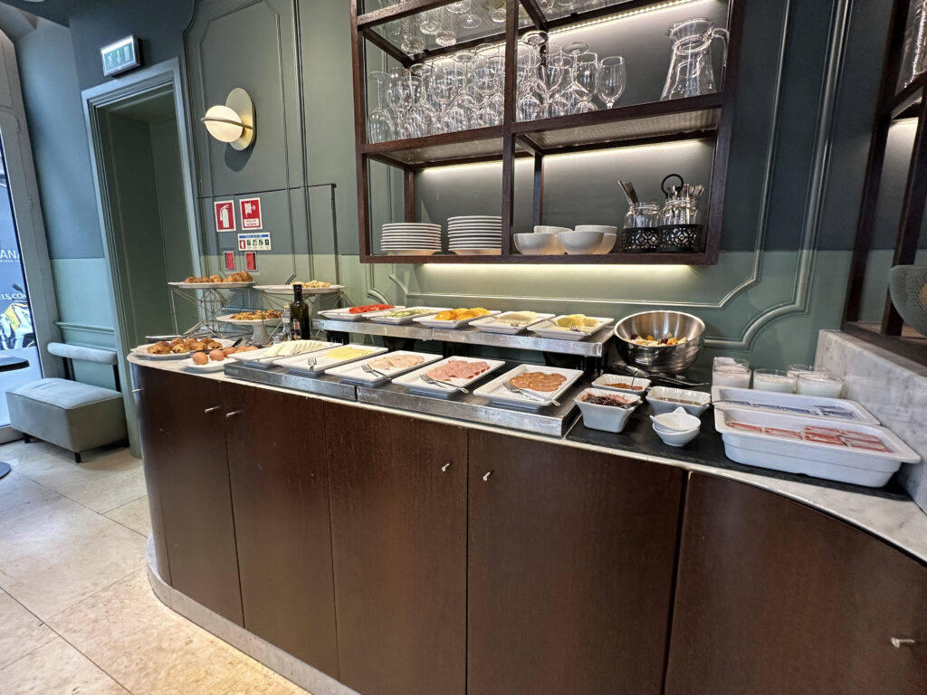 a buffet with food on it