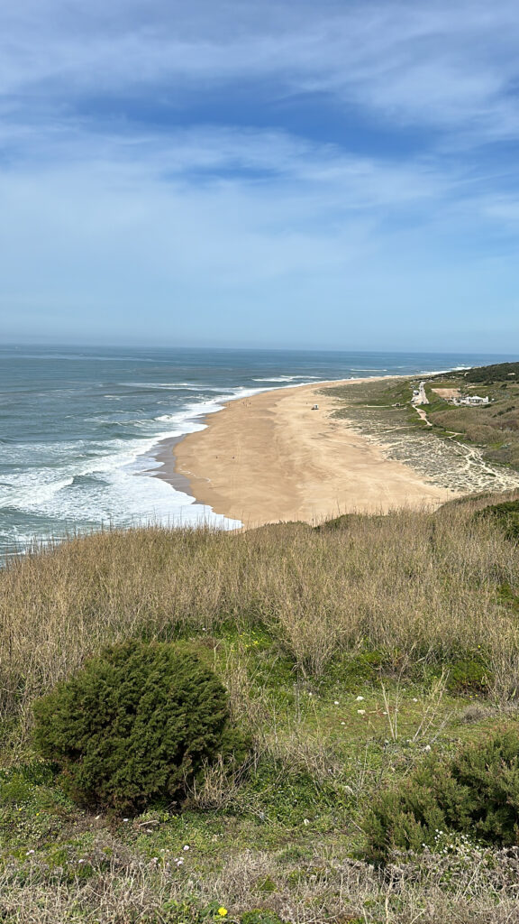 a beach with waves crashing on the shore