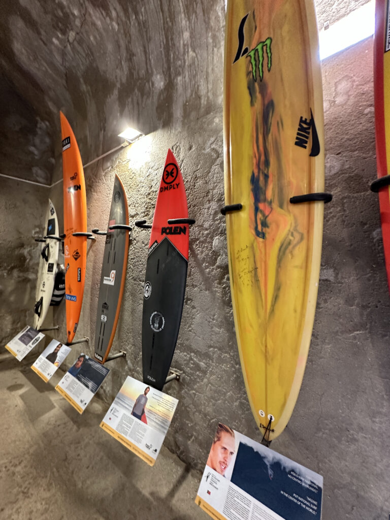 a group of surfboards on a wall
