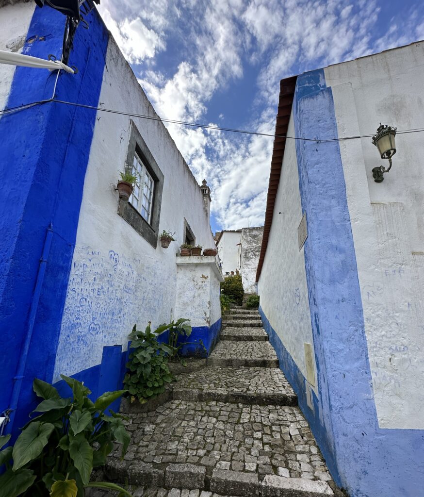 a stone stairs leading to a white and blue building