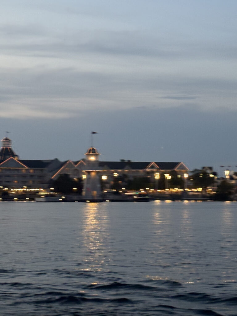a water with buildings and lights