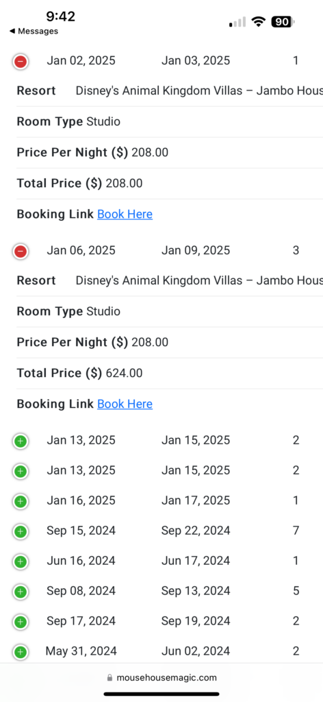 a screenshot of a hotel schedule