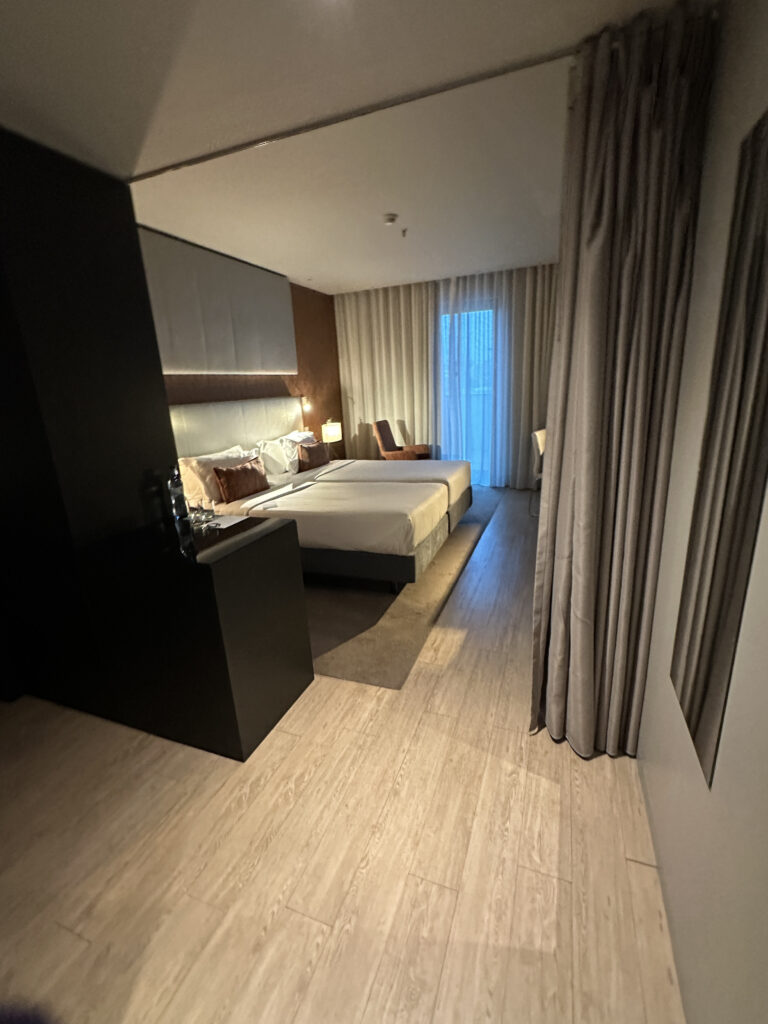 a room with a bed and a sink