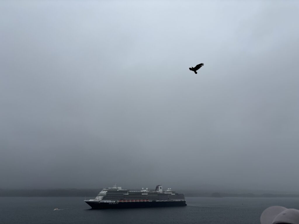 a large ship in the water with a kite flying in the sky