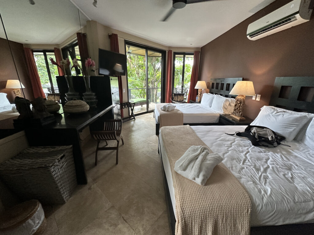 a room with two beds and a television