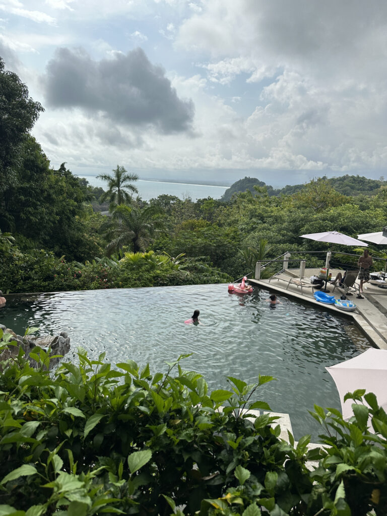 a pool with people in it and trees around it