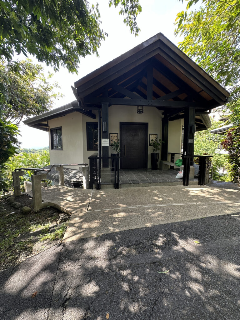 a small house with a black roof