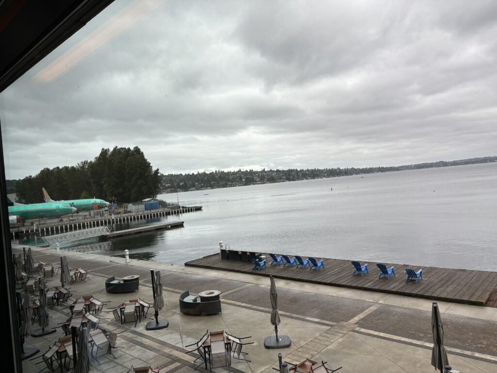 a view of a dock and a body of water from a window