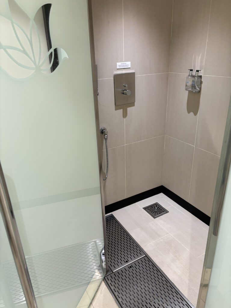 a shower with a shower door