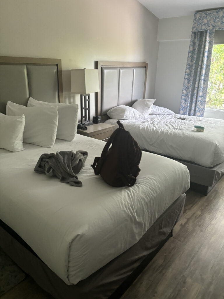 a backpack on a bed