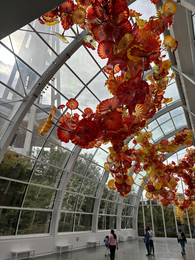 glass flowers from a ceiling