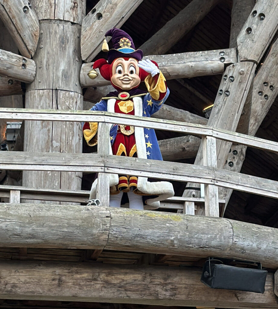 a person in a garment standing on a wooden bridge