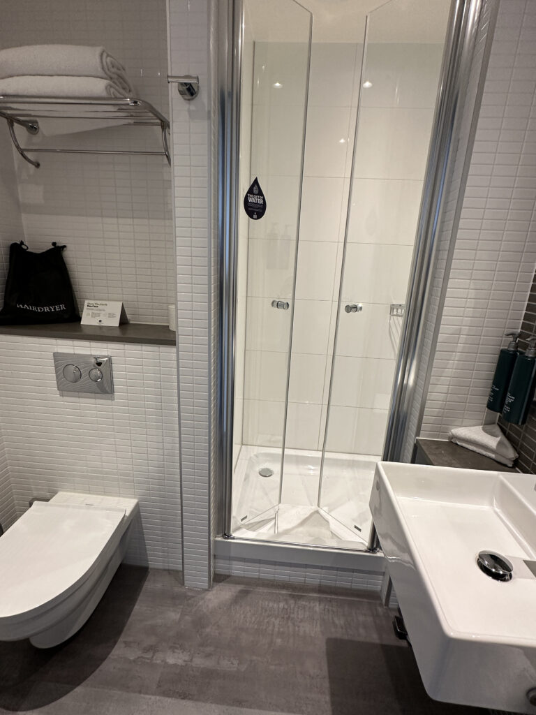 a bathroom with a shower and toilet