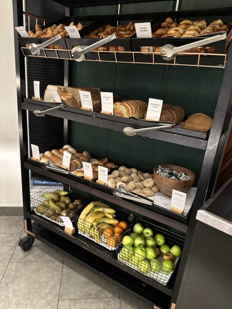 a display of bread and fruits