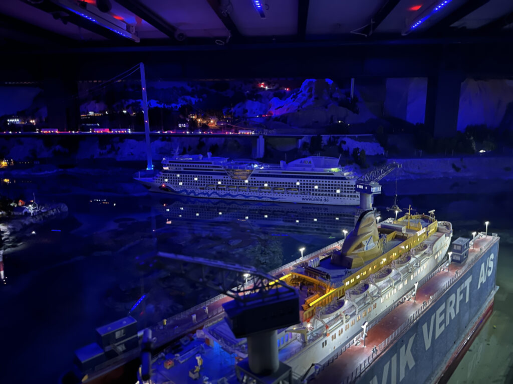 a model ship in a harbor