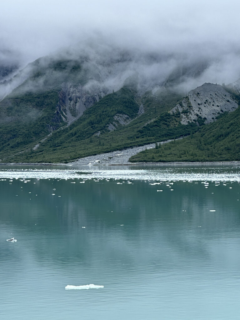 a body of water with mountains in the background