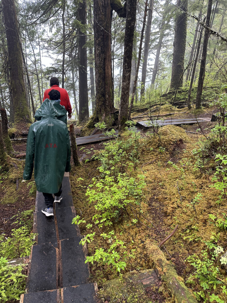two people walking on a trail in the woods
