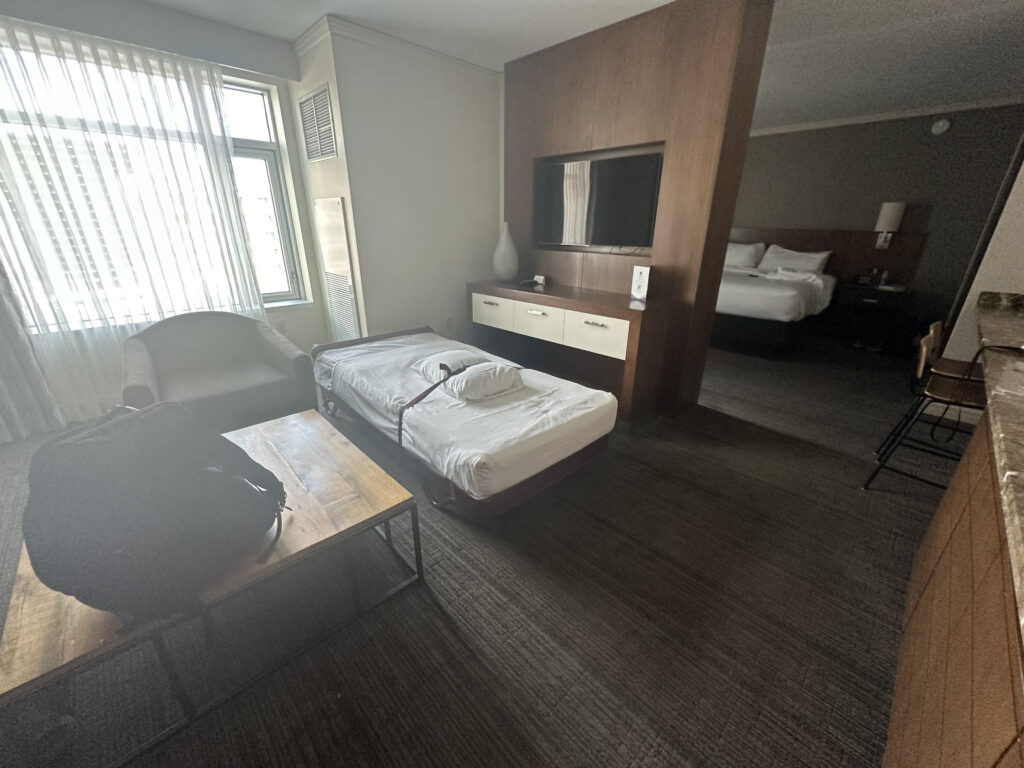 a room with a bed and a table