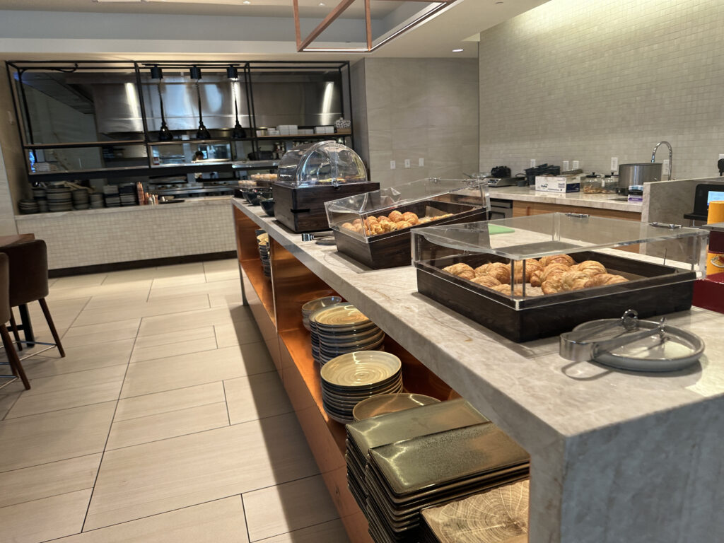 a buffet with food on shelves