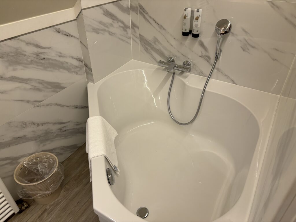 a bathtub with a shower head