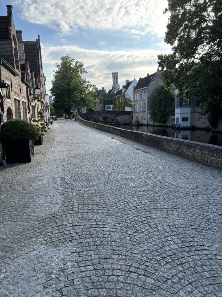 a stone road with buildings and water in the background