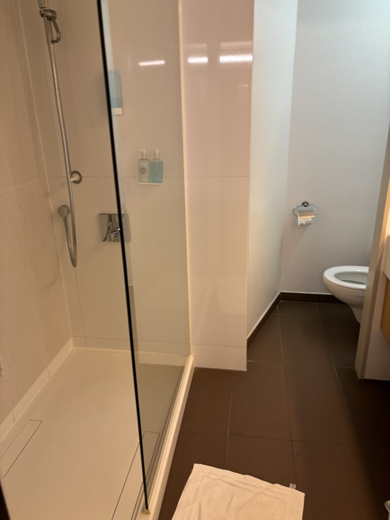 a bathroom with a glass shower door