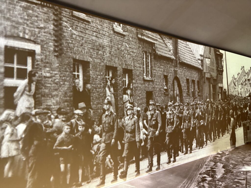 a group of people in uniform walking in a line
