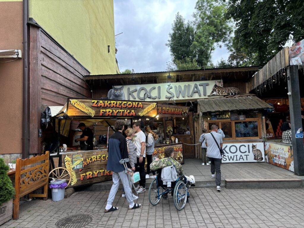 a group of people outside a store