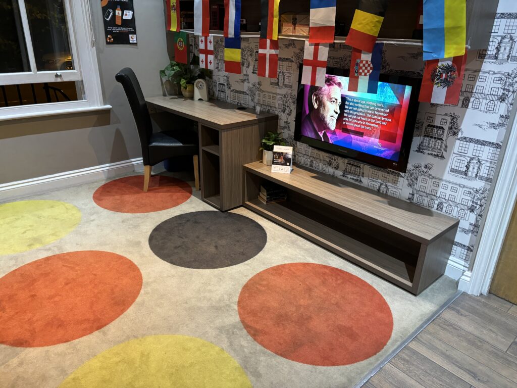 a room with a television and a desk