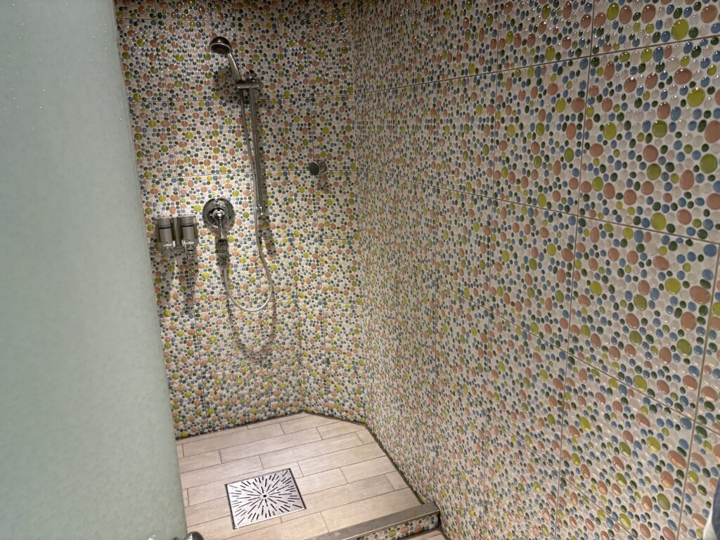 a shower with colorful tiles
