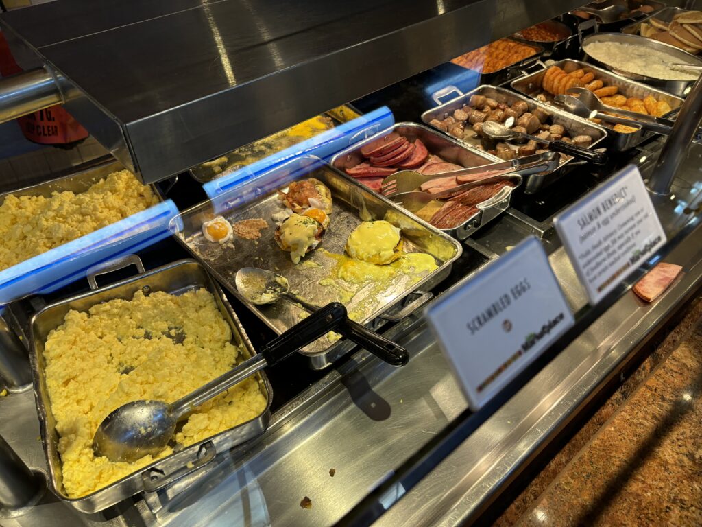 a trays of food on a counter