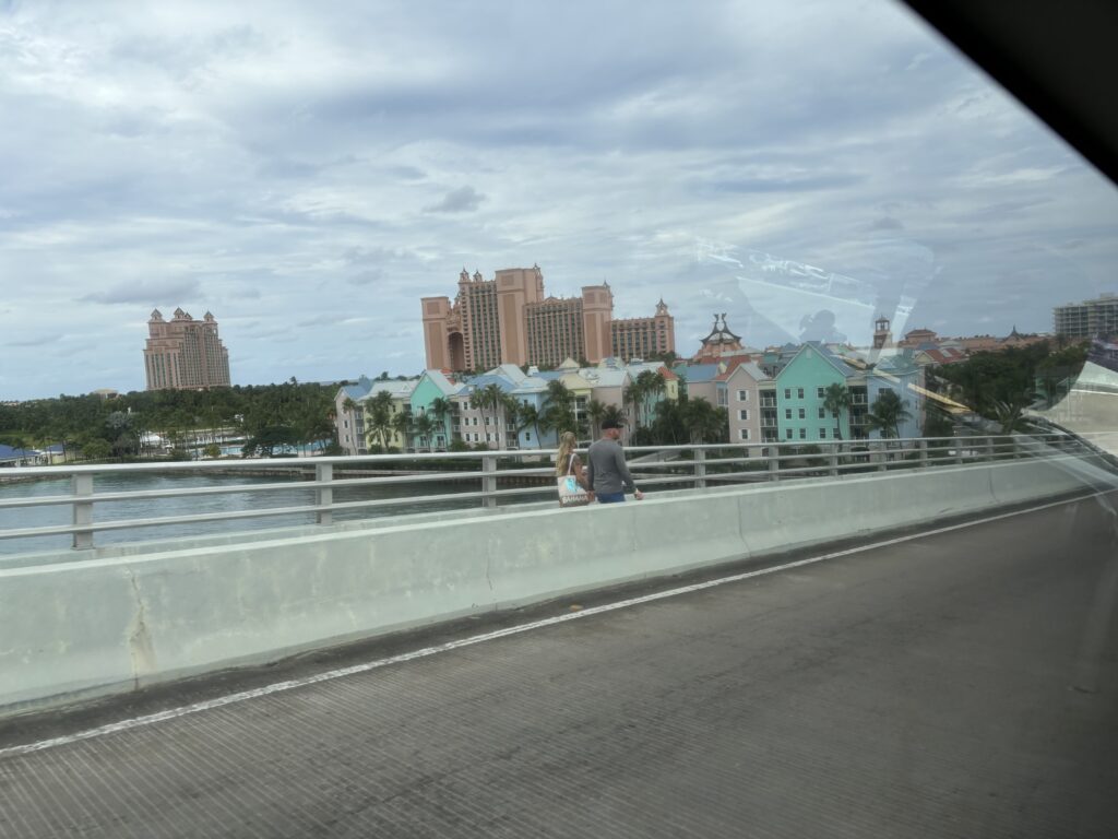 a bridge with a body of water and buildings in the background