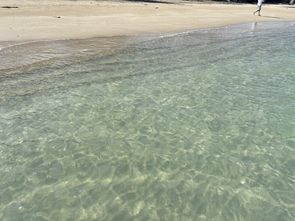 a beach with clear water and a person walking on the beach