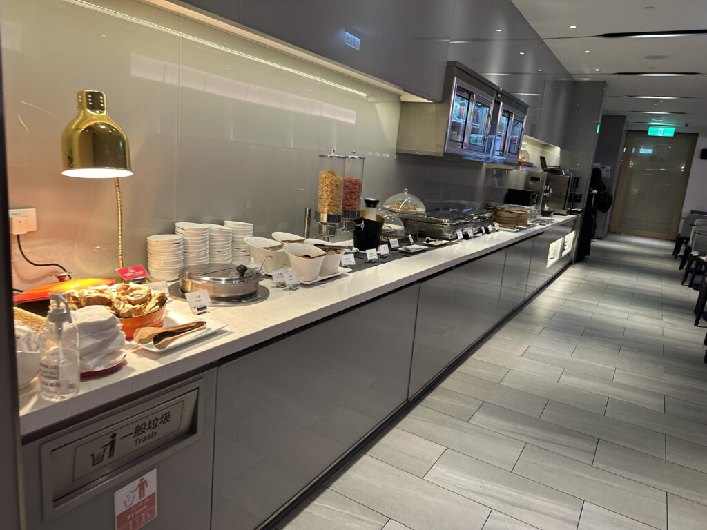 a buffet line with food on it