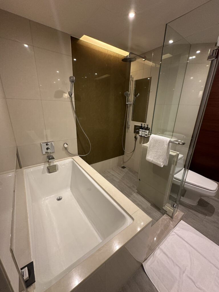 a bathroom with a bathtub and shower