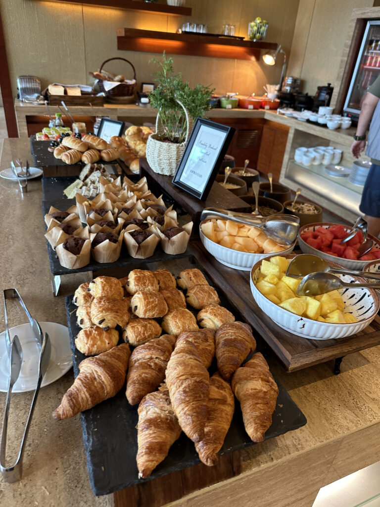 a buffet table with food on it