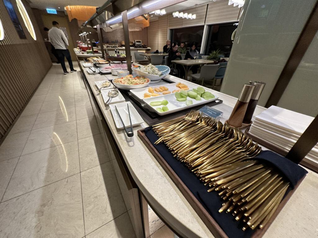 a buffet table with food on it