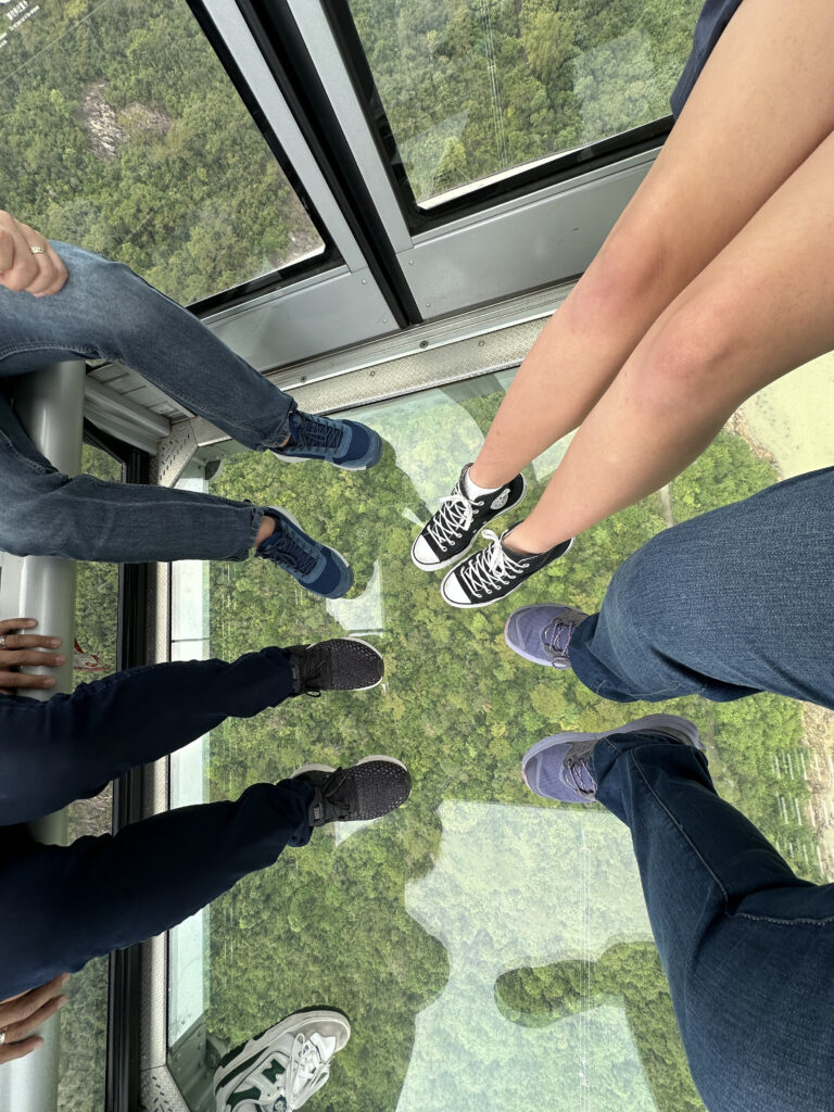 a group of people standing on a glass floor