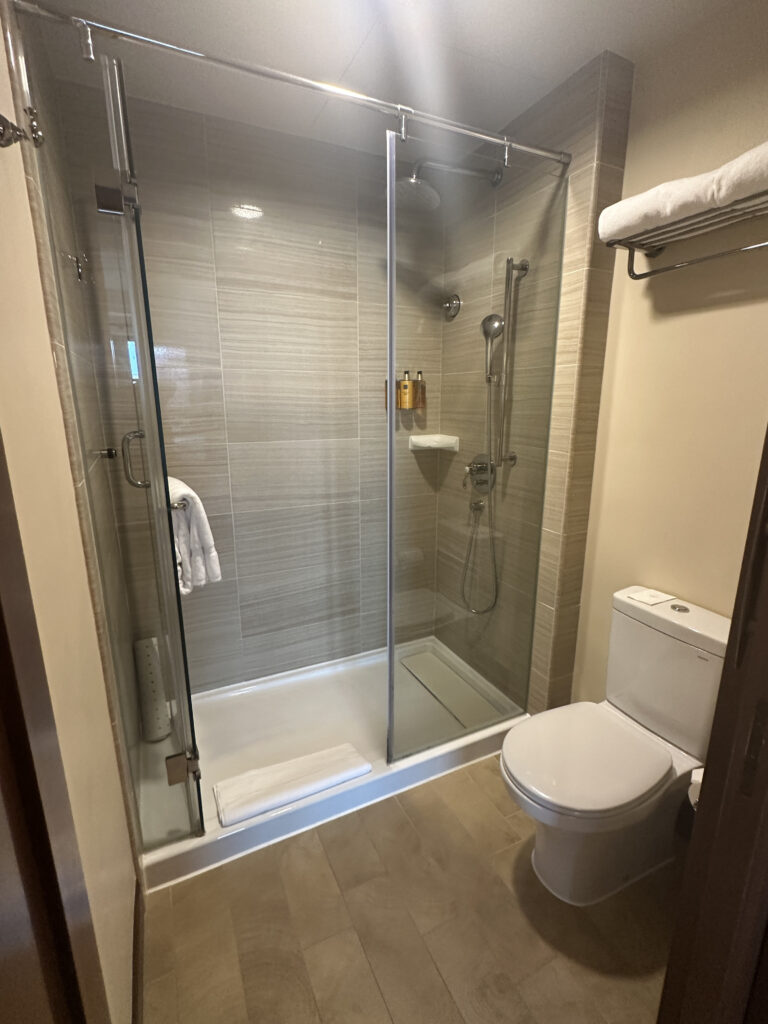 a bathroom with a glass shower and toilet