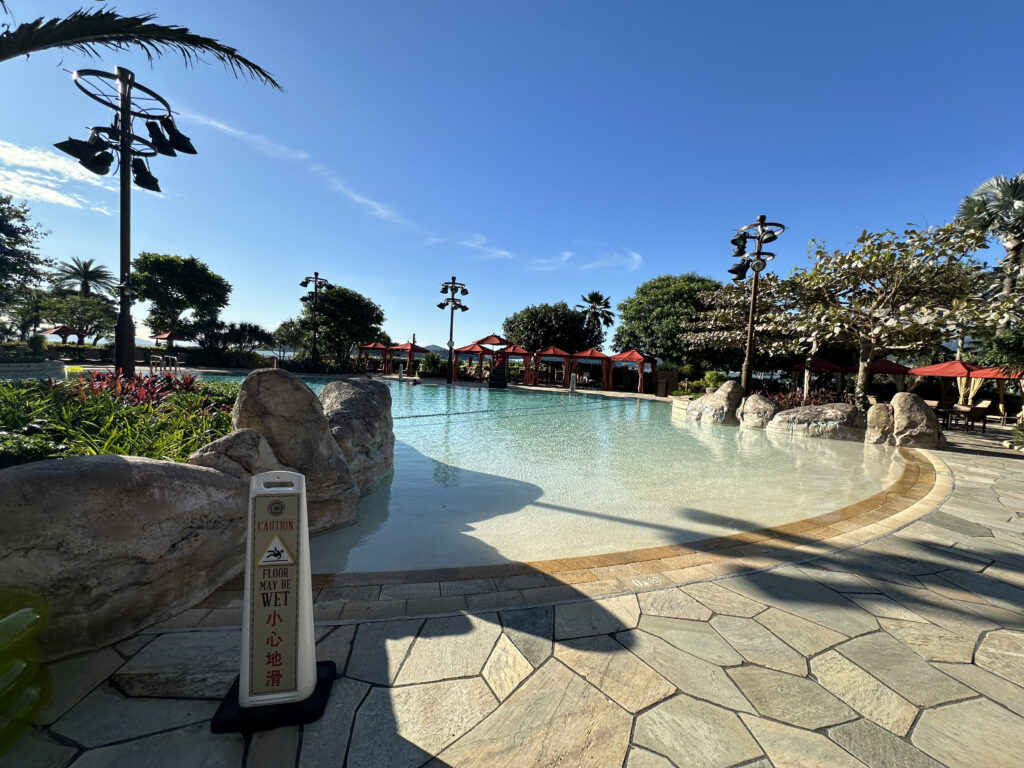 a pool with rocks and trees