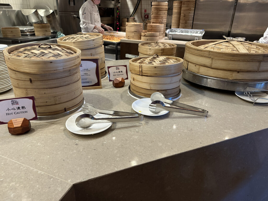 a kitchen with baskets of food