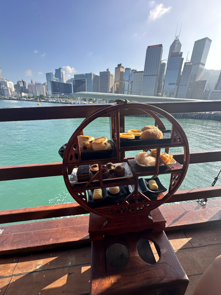 a food on a shelf by a body of water