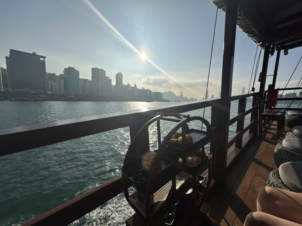 a boat with a city in the background