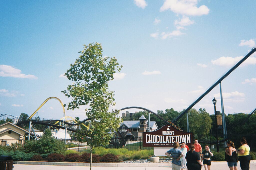 a group of people standing in front of a roller coaster