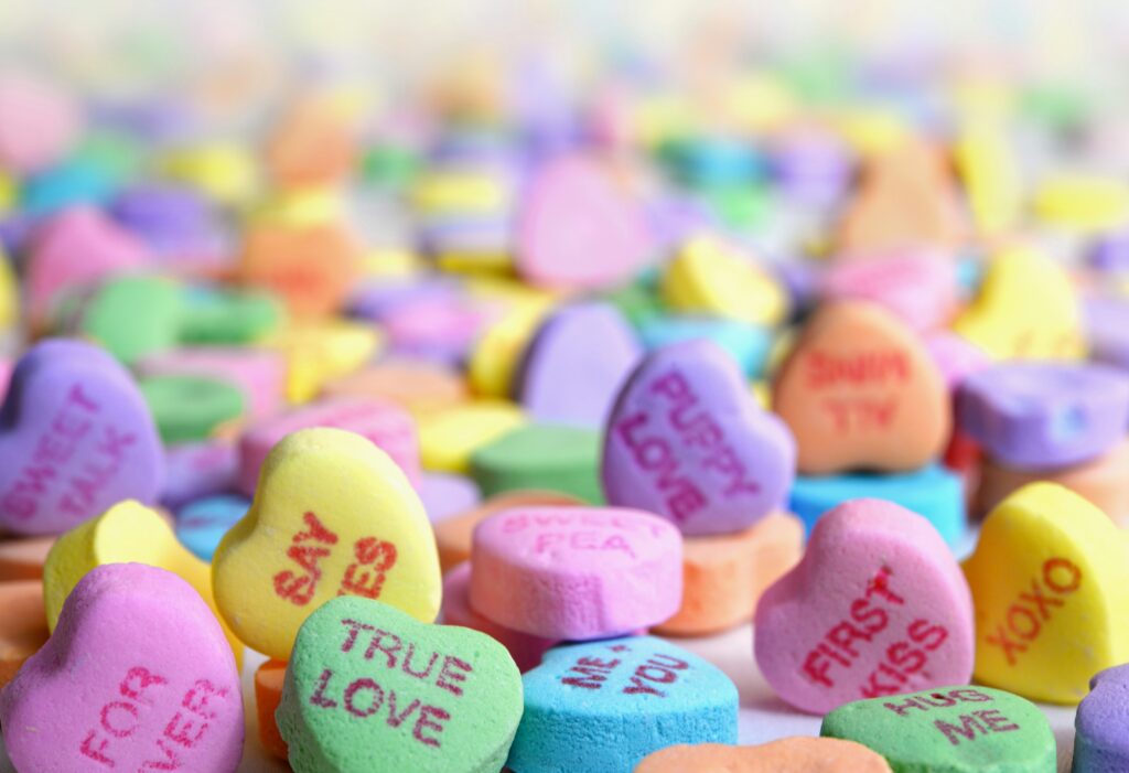a pile of candy hearts