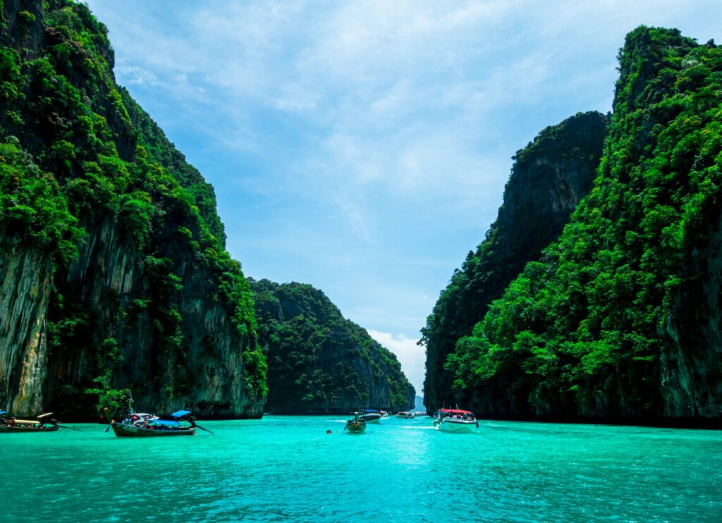 boats in the water with trees and mountains