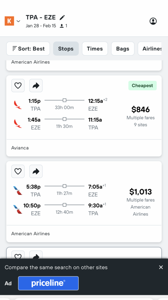 screens screenshot of a flight schedule