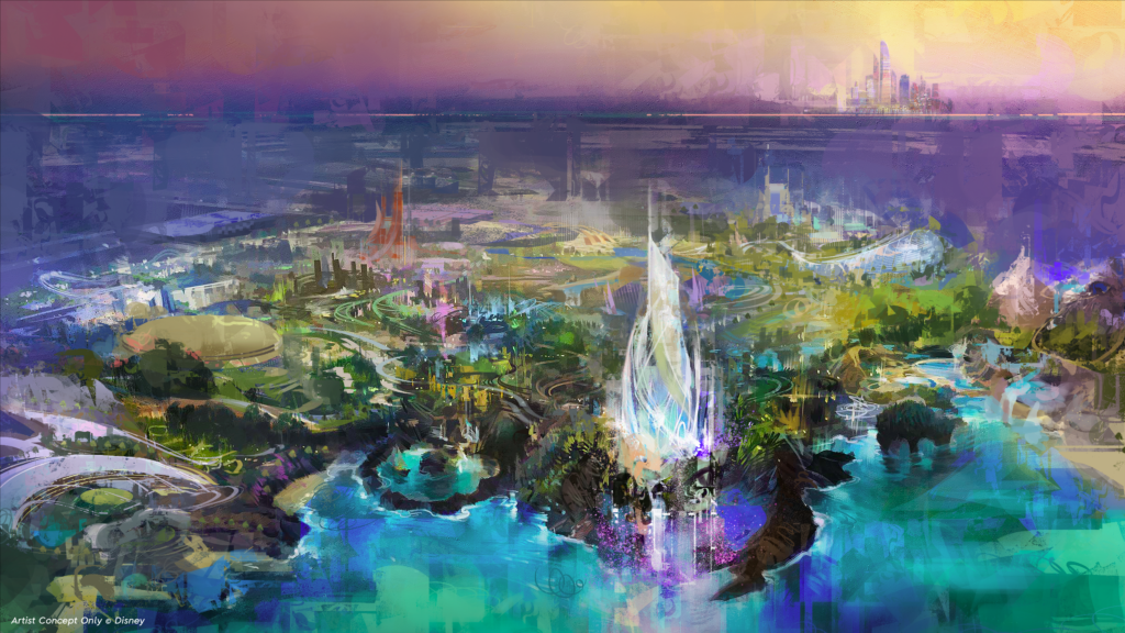 The image is a colorful and abstract concept art of a futuristic cityscape. It features a variety of structures, including a prominent, tall, glowing tower in the foreground. The city is surrounded by lush greenery, winding roads, and bodies of water. The background shows a distant skyline under a vibrant, multicolored sky. The overall atmosphere is imaginative and vibrant, suggesting a blend of nature and advanced architecture.