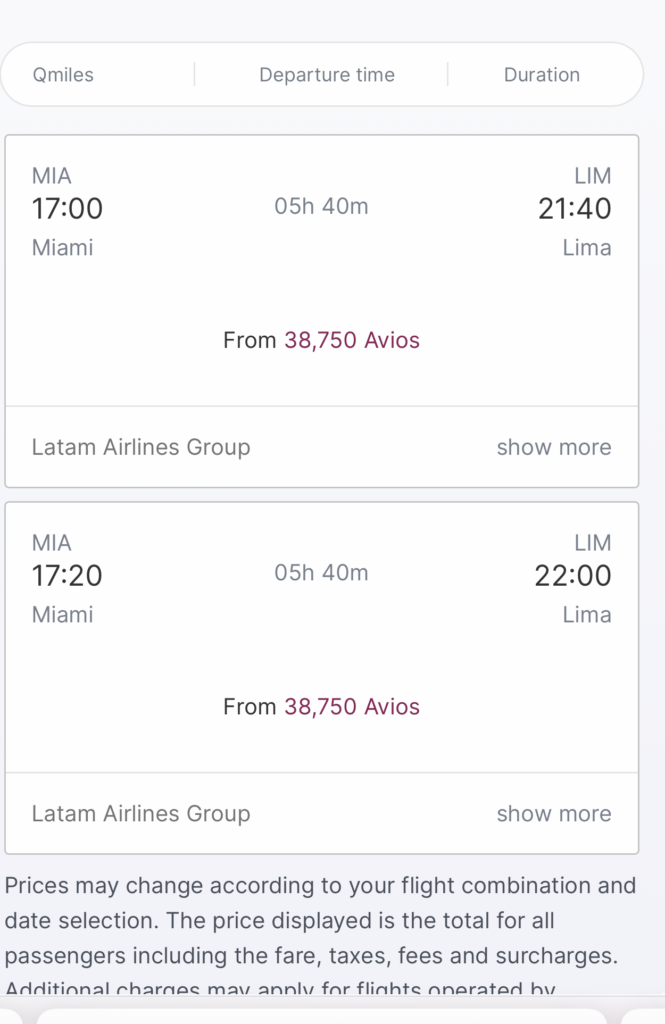 The image shows a flight booking page from Qatar Airways for a departure flight from Miami (MIA) to Lima (LIM) on Saturday, 31 May 2025. Two flight options are displayed: 1. The first flight departs at 17:00 and arrives at 21:40, with a duration of 5 hours and 40 minutes. The cost is from 38,750 Avios, operated by Latam Airlines Group. 2. The second flight departs at 17:20 and arrives at 22:00, also with a duration of 5 hours and 40 minutes, costing from 38,750 Avios, operated by Latam Airlines Group. The page notes that prices may change based on flight combination and date selection. The website URL at the bottom is qatarairways.com.